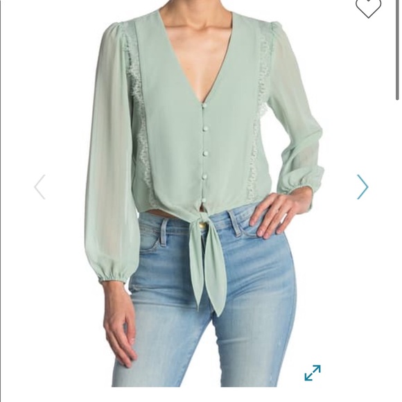 Wayf Tops - WAYF Lace Trim Knotted Sheer Long Sleeve Blouse